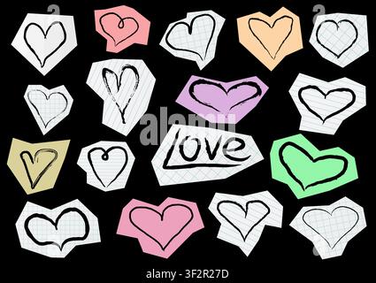 Doodle-Stil handgezeichnete Papierausschnitt-Herzen isoliert auf Schwarz. Aufkleberpaket. Vektor-Herzen-Set. Kreative Grunge-Herzen-Symbole. Vektorillustration Stock Vektor