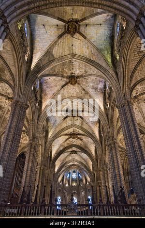 Innenraum des Kathedralen-Gotikhauptschiffs mit gewölbter Decke und Steinsäulen, Barcelona, Katalonien, Spanien Stockfoto