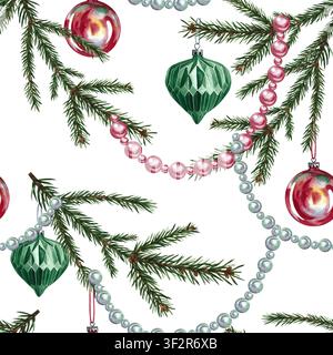 Weihnachtliches nahtloses Muster aus Tannenwedeln und Tannendekorationen. Handgezeichnete Aquarellillustration. Für Weihnachtsverpackungen, saisonale Feiertage Stockfoto
