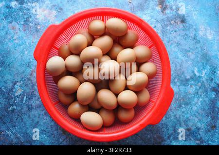 Eier in einem roten Korb auf einer blauen Oberfläche platziert Stockfoto