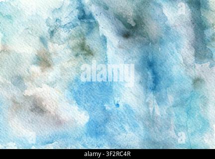 Aquarell-abstrakter Hintergrund. Verschiedene Farben, Schattierungen von Blau, Grau, Lila, Weiß. Chaotische Flecken, Farben vermischen sich zu neuen Farben, Schattierungen. Textur von Aquarellpapier. Hellere und dunklere Flecken. Stockfoto