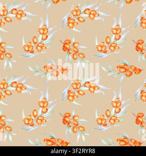 Orange Sanddornbeeren und blaugrünes Laub auf einem warmen beigen Hintergrund, Wasserfarben-Clipart geeignet für Textilien, Verpackungspapier, Produktverpackungen und dekorative Waren Stockfoto