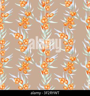Orangefarbene Meeresfrüchte mit blau-grünen Blättern auf taupefarbenem Hintergrund in vertikalen Wiederholungen, Aquarellillustration ideal für Stoffsammlungen, Geschenkverpackung, Wohnkultur und Verpackungsdesign Stockfoto