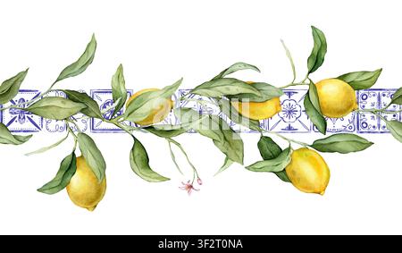 Nahtlose horizontale Bordüre oder Banner mit tropischen Zitronen. Handgezeichnete Aquarellillustration auf weißem isoliertem Hintergrund. Zitrusmuster mit Stockfoto