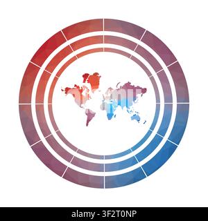 Das Welt-Badge. Helles Gradientenlogo im Low-Poly-Stil. Mehrfarbiges, abgerundetes Welt-Schild mit Karte im geometrischen Stil für Ihre Infografiken. Stock Vektor