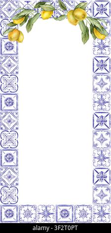 Aquarell-rechteckige Bordüre aus blauen und weißen Azulejo-Fliesen im portugiesischen Stil mit Zitronenzweigen. Für mediterrane Einladungen, Gruß Stockfoto