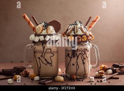 Schokoladenmilchshake mit Eis und Schlagsahne, Marshmallow, süßem Popcorn, Keksen, Waffeln, serviert in einem Glasmason-Glas. Stockfoto