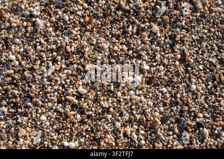 Textur von mehrfarbigen nassen Meereskieseln, kleinen glatten Steinen und grobem Sand an der Meeresküste während eines sonnigen Tages, Blick von oben. Stockfoto
