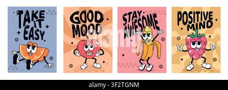 Retro-sommerliche lustige Obstcharaktere im 70er-Trendstil. Cartoon-süße groovy Aufkleber, funky Comic-Doodle-Banane, Kirsche, Himbeere, Orange mit ausdrucksstarken Gesichtern. Set von Vintage-Plakaten mit Slogans Stock Vektor