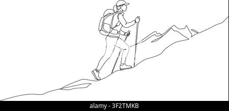 kontinuierliche Liniengrafik einer Wanderin, die mit einem Rucksack und Trekkingstöcken bergauf geht in einer Berglandschaft. Minimalistische Vektorillustration von Stock Vektor