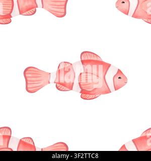 Nahtloses Muster mit Clownfischen. Aquarellillustration eines tropischen Meerestiers. Handgezeichnete Clownfisch-Cartoon-Skizze der Unterwasserfauna für fab Stockfoto