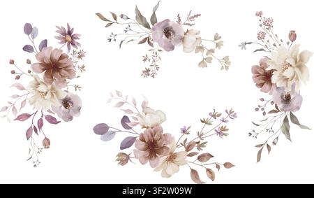 Aquarell-Blumenstrauß-Set, Staublila Rosen und Salbei-Eukalyptus-Arrangements, elegante Hochzeitseinladungs-Designelemente Clipart. Vektor EPS. Stock Vektor
