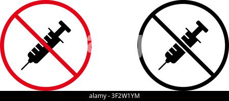 Kein-Spritzen-Symbol Solide Iconensammlung. Anti-Drogen-, Impfverweigerungs- und medizinische Einschränkungssilhouetten-Symbolsammlung. Gesundheitsbewusstsein und Sicherheit Stock Vektor