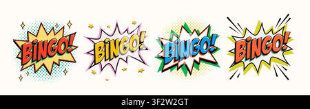 Bingo-Starburst-Symbolset im kräftigen Comic-Stil mit farbenfrohem Schriftzug in dynamischen Sternformen und Halbtongrunden. Retro-Bingo-Logo für Loterie Stock Vektor
