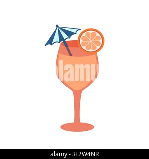 Vektorillustration eines tropischen Sommer-Cocktails. Frisches kaltes Getränk in einem Weinglas mit Strandschirm und Zitronenscheibe für die Barmenu- und Logo-Gestaltung. Stock Vektor