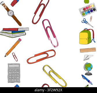 Bildungsstudentenkinder Grundschule Büroklammer-Set Nahtloser vertikaler Bordrahmen Vorlagen farbige handgezeichnete Illustration. Vektorgrafiklinie in Stock Vektor