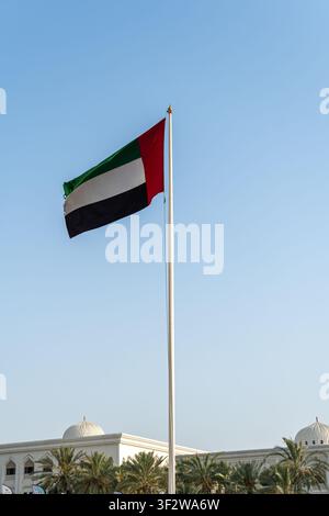 Ansicht der Flagge der Vereinigten Arabischen Emirate, die auf einem Flaggenmast vor der Universität von Scharja weht, mit Palmen und weißer Architektur in Schar Stockfoto