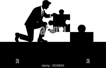 Silhouette eines Geschäftsmannes, der ein großes Puzzlestück platziert, das strategische Lösungen und Problemlösung symbolisiert Stock Vektor
