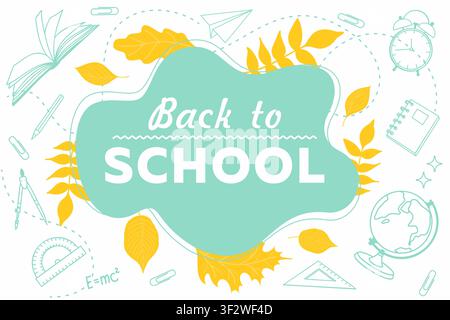 Herbst-Banner für den Schulanfang mit gefallenen gelben Blättern. Flache Vektorillustration für saisonale Bildungsaktionen, Klassenzimmer Stock Vektor