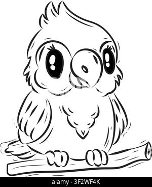 Vektorillustration eines niedlichen Cartoon-Papageis in einem Wald, Umrisszeichnung, Papagei-Farbseite, Design im EPS-Format, linearer Cartoon-Papagei-Zentrierung Stock Vektor