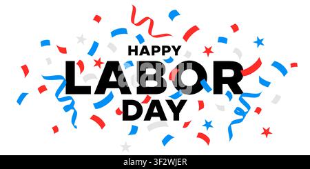 Labor Day Textlogo mit Konfetti auf transparentem Hintergrund, fröhliche Labor Day Buchstaben mit blauem und rotem Serpentinenband, USA Feiertag ele Stock Vektor