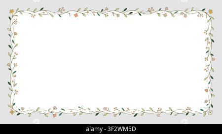 Eleganter botanischer Rahmen mit handgezeichneten Ranken, salbeigrünen Blättern und pastellfarbenen Blumen, minimalistisches Blumen-Einladungsvorlage mit Kopierraum für Stock Vektor