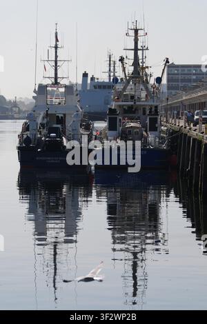 PRODUKTION - 13. Juli 2026, Niedersachsen, Cuxhaven: Das seetaugliche Küstenpatrouillenboot WS 1 ·Bürgermeister Brauer· (links) der Hamburger Wasserschutzpolizei liegt neben seinem Vorgänger, dem Küstenpatrouillenboot ·Bürgermeister Weichmann· (rechts), am Steg im Hafen. Der Zuständigkeitsbereich des Wasserschutzpolizeireviers 4 (WSPK 4) erstreckt sich entlang der Elbe über 77 Seemeilen von Tonne 105/106 vor Stade bis zur Tonne E 3, etwa 15 Seemeilen südlich von Helgoland, sowie das Hamburger Wattenmeer mit den Inseln Neuwerk, Scharhörn und Nigehörn. Foto: Marcus Brandt/dpa Stockfoto