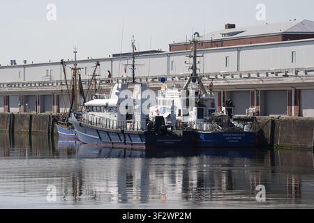 PRODUKTION - 13. Juli 2026, Niedersachsen, Cuxhaven: Das seetaugliche Küstenpatrouillenboot WS 1 ·Bürgermeister Brauer· (links) der Hamburger Wasserschutzpolizei liegt neben seinem Vorgänger, dem Küstenpatrouillenboot ·Bürgermeister Weichmann· (rechts), am Steg im Hafen. Der Zuständigkeitsbereich des Wasserschutzpolizeireviers 4 (WSPK 4) erstreckt sich entlang der Elbe über 77 Seemeilen von Tonne 105/106 vor Stade bis zur Tonne E 3, etwa 15 Seemeilen südlich von Helgoland, sowie das Hamburger Wattenmeer mit den Inseln Neuwerk, Scharhörn und Nigehörn. Foto: Marcus Brandt/dpa Stockfoto