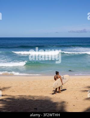 EHUKAI BEACH, NORTH SHORE, HAWAII - 11. FEBRUAR 2022: Eine Frau trägt ein Longboard in Richtung einer sauberen Welle der North Shore, von hinten im Sand gesehen. Stockfoto