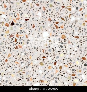 Eine nahtlose Textur von Terrazzoboden mit mehrfarbigen Natursteinfragmenten, die in eine helle Betonbasis eingebettet sind. Stockfoto