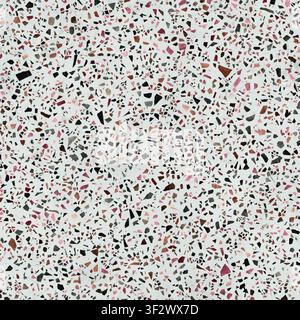 Eine saubere weiße Terrazzobodenstruktur mit kleinen, verstreuten burgunderroten, braunen und kohlschwarzen Stein Fragmenten. Stockfoto