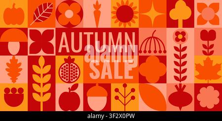 Lebendiges horizontales Herbst-Sale-Banner mit geometrischen, folkloristischen Symbolen, Kürbissen, Blättern, Eicheln, Blumen und warmen saisonalen Farben. Perfekt für Stock Vektor