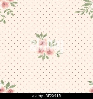 Rosa florales Polka-Punkt-Muster ohne Ende mit Aquarell-Bouquets Stockfoto