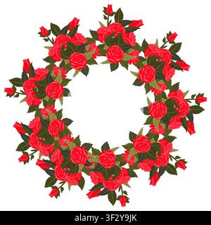 Ein Kranz aus üppigen, schönen, leuchtend roten Rosen und Knospen für Ihr Design. Vektorillustration auf weißem Hintergrund isoliert. Stock Vektor