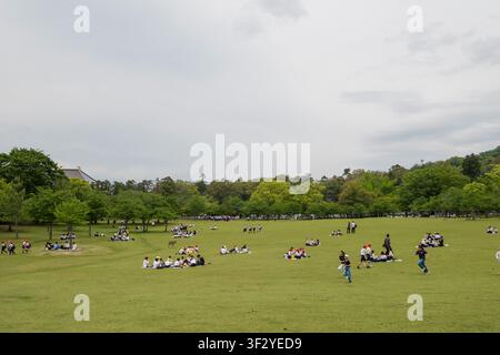 Das Kasuganoenchi-Feld im Nara-Park war mit Besuchern gefüllt, die an einem bewölkten Tag den offenen Grünraum genossen. Viele Einzelpersonen und Gruppen wurden beim Entspannen gesehen Stockfoto