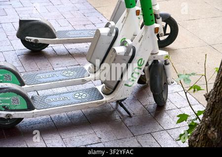 DALLAS, TX, USA - 11. JULI 2026: Eine Reihe von Lime-Elektrorollern steht auf einem Gehweg in Dallas aufgereiht. Lime bietet bequeme, umweltfreundliche urbane Tra Stockfoto