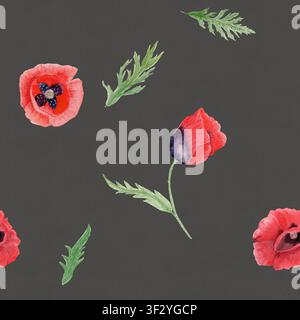 Rote Mohnblumen und grüne Blätter nahtloses Aquarellmuster. Handgemaltes Blumenmuster auf dunklem grauem Hintergrund, perfekt für Textilien, Verpackung Stockfoto