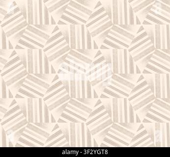 Ein nahtloses geometrisches Muster mit sechseckigen Designs und Streifen in neutralen Farbtönen. Ideal für Hintergründe und Textilien. Stockfoto