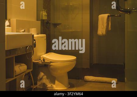 Ein ordentlich angeordnetes modernes Badezimmer mit einer weißen Keramiktoilette, einem Waschbecken und einem weißen Handtuch, das an einer Glasduschkabinenstange hängt. Stockfoto