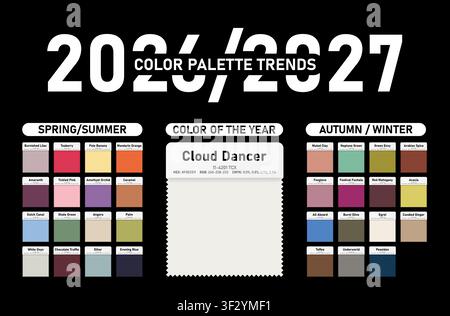 2026 - 2027 Modetrend-Farbpalette isoliert auf schwarzem Hintergrund. Farbpalette für Modetöne mit Namen, CMYK, RGB, HEX-Farben. Vektor-PNG Stock Vektor