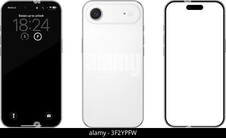 Detailliertes weißes Mobiltelefon-Mockup. Vorder- und Rückansicht isoliert auf transparentem Hintergrund. Vektor-PNG Stock Vektor