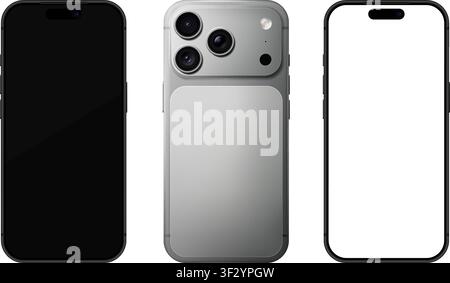 Detailliertes graues Handy-Modell. Vorder- und Rückseitenansicht isoliert auf transparentem Hintergrund. Vektor-PNG Stock Vektor