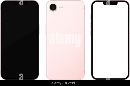 Detailliertes rosa Mobiltelefon-Modell. Vorder- und Rückansicht isoliert auf transparentem Hintergrund. Vektor-PNG Stock Vektor