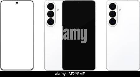 Detailliertes weißes Mobiltelefon mit Stift-Mockup. Vorder- und Rückansicht isoliert auf transparentem Hintergrund. Vektor-PNG Stock Vektor