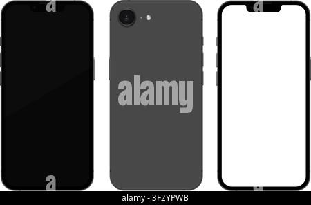 Detailliertes schwarzes Mobiltelefon-Modell. Vorder- und Rückansicht isoliert auf transparentem Hintergrund. Vektor-PNG Stock Vektor