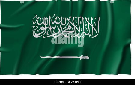 Realistische Flagge des Königreichs Saudi-Arabien isoliert auf transparentem Hintergrund. Seidiger Atlas-Stoff mit detaillierter Flagge. Vektor-PNG Stock Vektor