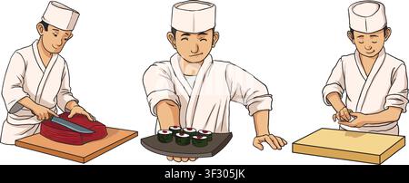 Illustration eines Sushi-Kochs, der Sushi zubereitet und serviert Stock Vektor