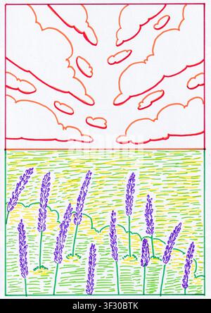 Handgezeichnetes Lavendelfeld in einem farbenfrohen Doodle-Illustrationsstil, unter einem Himmel voller dramatischer Wolken. Stockfoto