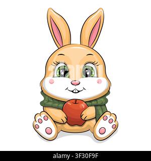 Niedliches Cartoon-Babyhase mit rotem Apfel und grünem Schal. Vektorillustration eines Tieres auf weißem Hintergrund. Stock Vektor