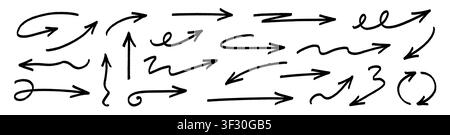 Pfeil gezeichnete handgezeichnete Linienmenge. Handgezeichnete Pfeillinie Pinsel Kreide Kritzelmalerei raue Strich Bleistifttextur. Organische skizzenhafte Zeigerunterstreichung Spirale Welle rauer Hintergrund. Vektorillustration Stock Vektor